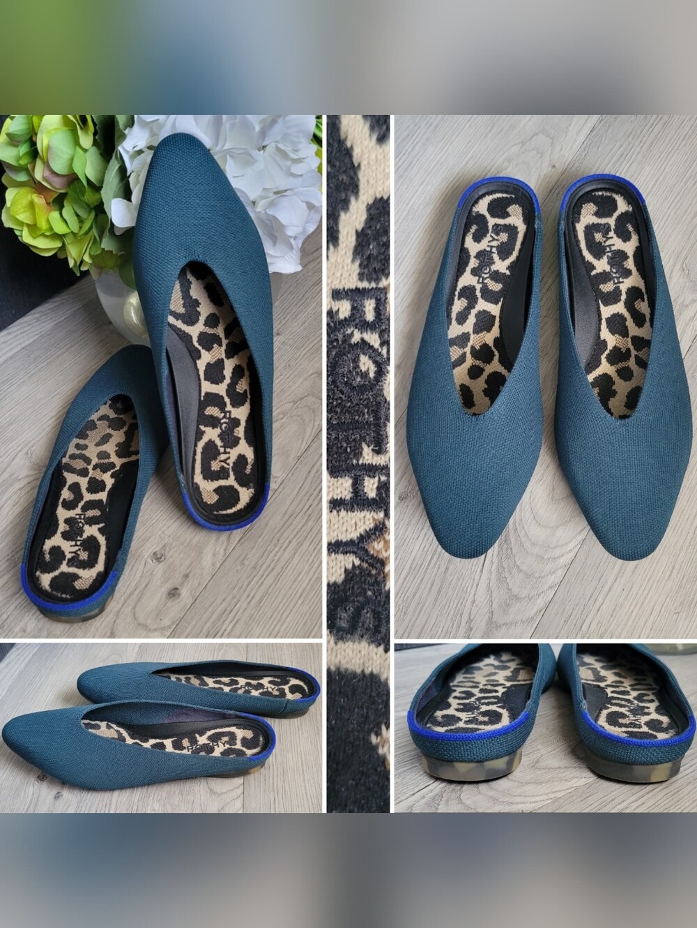 Rothy's Almond Demi Mules Dark Teal & Leopard Insoles, Women's US 8, EU 38